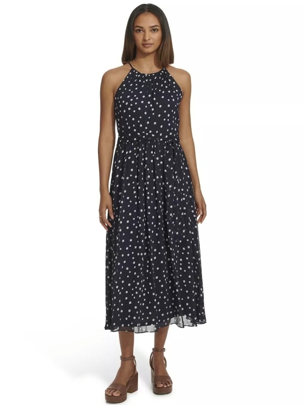 DKNY Navy Polka Dot Halter Midi Dress Fit And Flare Sleeveless Size 12